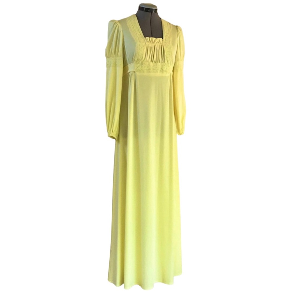 Vintage 1970s 60s Canary Yellow Bohemian Victorian Dress Night Gown S Small 4 6
